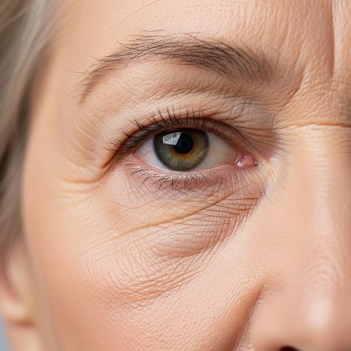 Close-up of eye area showing malar bags and festoons requiring treatment